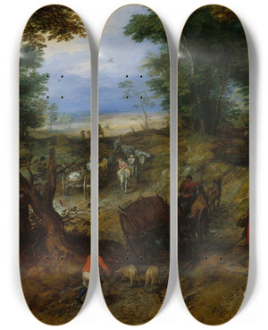 Triptych art skateboard deck of Jan Brueghel The Elder A Woodland Road With Travelers by Jan Brueghel The Elder (1568-1625) Triptych art skateboard deck of Jan Brueghel The Elder A Woodland Road With Travelers by Jan Brueghel The Elder (1568-1625)