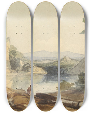 Triptych art skateboard deck of John Renton Lake And Mountains by John Renton