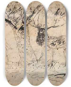 Triptych art skateboard deck of Tadeusz Makowski Scene In Paradise by Tadeusz Makowski (1882-1932)
