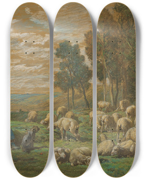 Triptych art skateboard deck of Charles Emile Jacque The Shepherdess by Charles Emile Jacque (1813-1894)