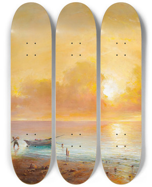 Triptych art skateboard deck of Grigori Ivanovitch Kapustin Sunset On The Black Sea Coast by Grigori Ivanovitch Kapustin (1865-1925)