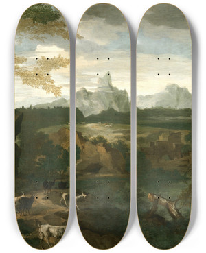 Triptych art skateboard deck of Gaspard Dughet Landscape With A Herdsman And Goats by Gaspard Dughet (1615-1675)