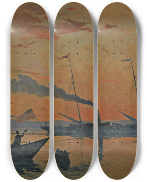 Triptych art skateboard deck of Franois Bocion Sunset Atmosphere by Francois Bocion (1828-1890)