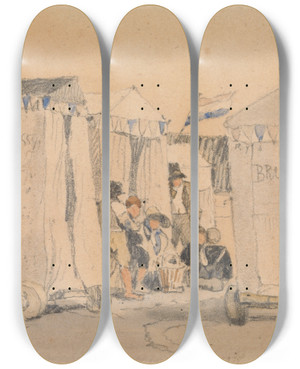 Triptych art skateboard deck of Samuel Prout Bathing Tents On The Beach Ostend by Samuel Prout (1783-1852)