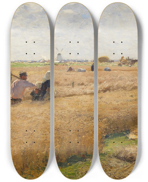 Triptych art skateboard deck of Hugo Mhlig Erntefeld Am Niederrhein by Hugo Muhlig (1854-1929)