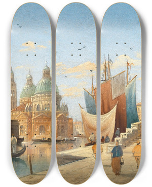 Triptych art skateboard deck of Karl Kaufmann Venice A View Of Santa Maria Della Salute_2 by Karl Kaufmann (1843-1905)