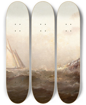 Triptych art skateboard deck of Arthur Quartley Morning Off Marblehead by Arthur Quartley (1839-1886)