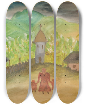 Triptych art skateboard deck of Jn Novk Matka S Demi Vo Vidieckej Krajine by Jan Novak (1921-1944)