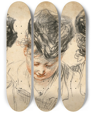 Triptych art skateboard deck of Jeanantoine Watteau Three Head Studies Of A Girl Wearing A Hat by Jean-Antoine Watteau (1684-1721)