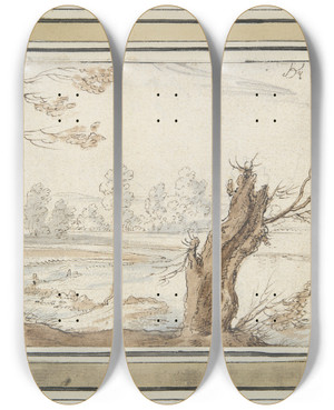 Triptych art skateboard deck of Wenceslaus Hollar Willows On The Riverrur by Wenceslaus Hollar (1607-1677)