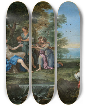 Triptych art skateboard deck of Filippo Lauri Landscape With Diana And Her Nymphs Resting After The Hunt by Filippo Lauri (1623-1694)