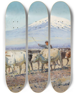 Triptych art skateboard deck of Richard Karlovich Zommer Driving Oxen Mount Ararat by Richard Karlovich Zommer (1866-1939)