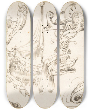 Triptych art skateboard deck of Andrs De Melgar Studies For Grotesque Figures In The Flemish Style by Andrs de Melgar (1554)