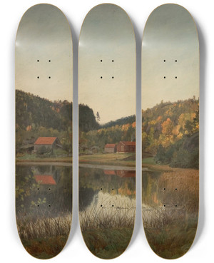 Triptych art skateboard deck of Amaldus Nielsen Fra Tjerndalen Ved Risr by Amaldus Nielsen (1838-1932)