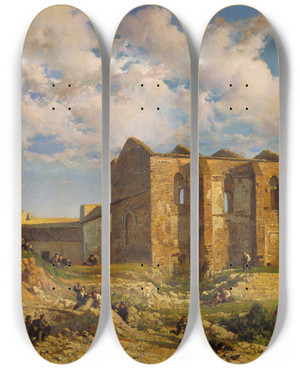 Triptych art skateboard deck of Ramon Mart I Alsina Ruins Of The Church Of The Holy Sepulchre by Ramon Marti I Alsina (1826-1894)