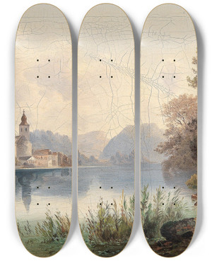 Triptych art skateboard deck of Emil Barbarini Blick Auf Sankt Wolfgang by Emil Barbarini (1855-1933)