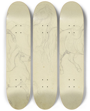 Triptych art skateboard deck of Ferdinand Fellner Studienblatt Pferde Teils Gesattelt by Ferdinand Fellner (1799-1859)