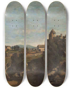 Triptych art skateboard deck of Henrijoseph Harpignies Le Colise Rome by Henri Joseph Harpignies (1819-1916)