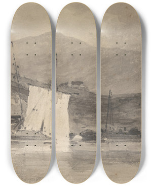 Triptych art skateboard deck of John Sell Cotman Cader Idris From The Mawddach Estuary Above Barmouth by John Sell Cotman (1782-1842)