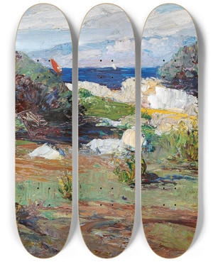 Triptych art skateboard deck of Leontine Von Littrow A Coastal Landscape_1 by Leontine Von Littrow (1860-1914)