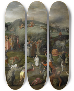 Triptych art skateboard deck of Gillis Mostaert Allegory Of Abuses By The Authorities Of Church And State by Gillis Mostaert (1534-1598)