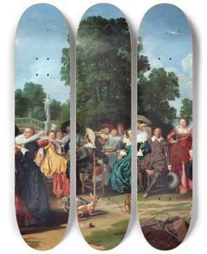 Triptych art skateboard deck of Dirck Hals The Fte Champtre by Dirck Hals (1591-1656)