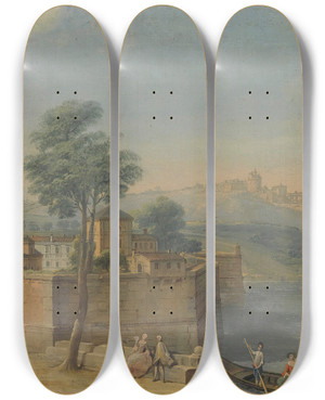 Triptych art skateboard deck of Francesco Battaglioli A Capriccio View Of A Walled Town With Elegant Figures On The River by Francesco Battaglioli (1717-1796)