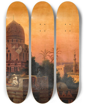 Triptych art skateboard deck of Friedrich Perlberg A Gathering Cairo by Friedrich Perlberg (1848-1921)