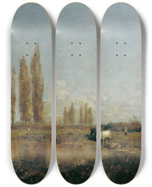 Triptych art skateboard deck of Emil Jakob Schindler An Der Thaya Bei Lundenburg by Emil Jakob Schindler (1842-1892)