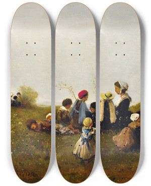 Triptych art skateboard deck of Henrijoseph Harpignies The Childrens Walk by Henri Joseph Harpignies (1819-1916)