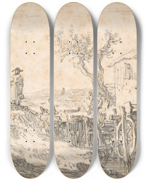 Triptych art skateboard deck of Jan Van Goyen The Water Mill by Jan Van Goyen (1596-1656)