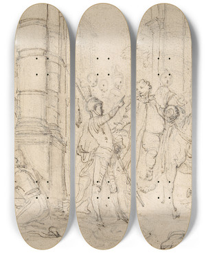 Triptych art skateboard deck of Charlesjoseph Natoire The Departure Of Sancho Panza For The Island Of Barataria by Charles Joseph Natoire (1700-1777)