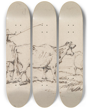 Triptych art skateboard deck of George Chinnery A Peasant With Cattle by George Chinnery (1774-1852)