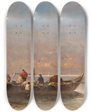 Triptych art skateboard deck of Adolf Kaufmann Fishermen In Venice by Adolf Kaufmann (1848-1916)