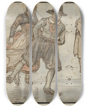 Triptych art skateboard deck of Hendrick Avercamp Skaters On The Ice A Man Pushing A Sledge And A Kolfplayer by Hendrick Avercamp (1585-1634)