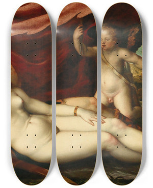 Triptych art skateboard deck of Battista Dellangolo Del Moro Mars And Venus With Cupid by Battista dellAngolo del Moro (1512-1568)