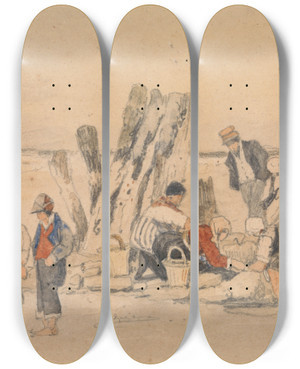 Triptych art skateboard deck of Samuel Prout Fisherfolk On The Beach Ostend by Samuel Prout (1783-1852)