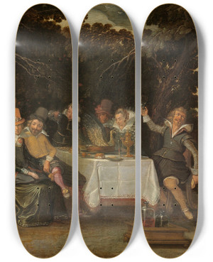 Triptych art skateboard deck of Esaias Van De Velde An Openair Party by Esaias van de Velde (1587-1630)
