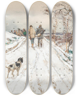 Triptych art skateboard deck of Hugo Mhlig A Hinting Party In Winter by Hugo Muhlig (1854-1929)