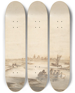 Triptych art skateboard deck of Abraham De Verwer Canal Landscape With Figures by Abraham de Verwer (1585-1650)