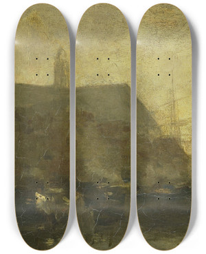 Triptych art skateboard deck of Jacob Maris Schepen In De Haven Van Dordrecht by Jacob Maris (1837-1899)