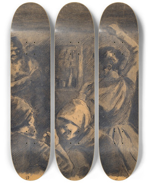 Triptych art skateboard deck of Hans Smidth Pennekasdralleskjeltringsbal by Hans Smidth (1839-1917)