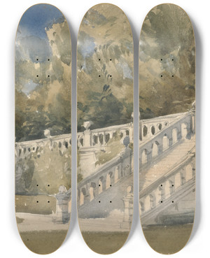 Triptych art skateboard deck of William Callow Garden Stair Haddon Hall by William Callow (1812-1908)