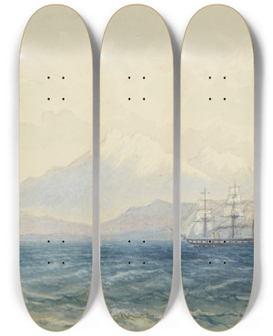 Triptych art skateboard deck of Nicholas Chevalier The Kaikoura Mountains Nz by Nicholas Chevalier (1828-1902)