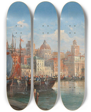 Triptych art skateboard deck of Karl Kaufmann Naples Scene by Karl Kaufmann (1843-1905)
