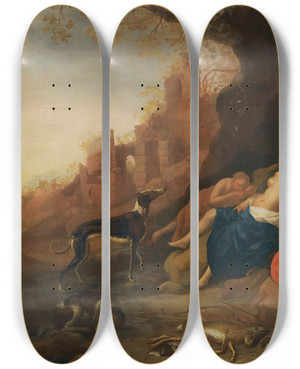 Triptych art skateboard deck of Bartholomeus Breenbergh Diana And Her Nymphs Resting After A Hunt With Two Satyrs Spying On Them_2 by Bartholomeus Breenbergh (1598-1657)