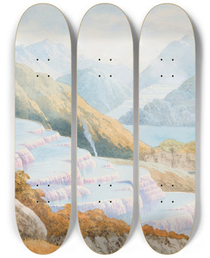 Triptych art skateboard deck of John Hoyte The Pink Terraces by John Hoyte