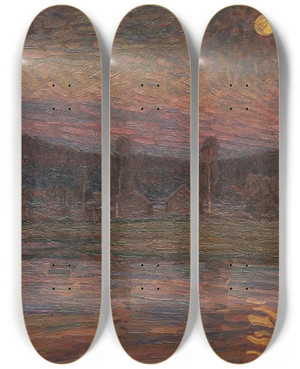 Triptych art skateboard deck of Herman Norrman Moonlit Landscape by Herman Norrman (1864-1906)