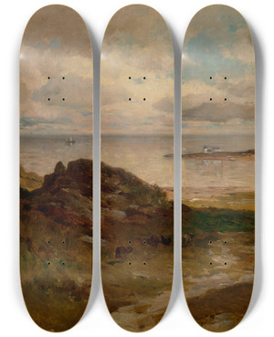 Triptych art skateboard deck of George Henry Smillie A Bit Of Massachusetts Coast by George Henry Smillie (1840-1921)