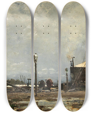 Triptych art skateboard deck of Emil Jakob Schindler Steamboat Station On The Danube Near Kaisermhlen by Emil Jakob Schindler (1842-1892)